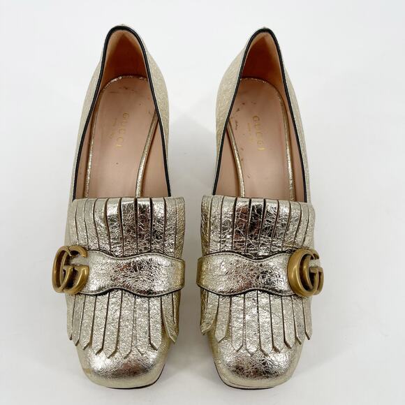Gucci Gold Metallic Crackled Leather GG Marmont Fringe Platform Heels EU 36 - Picture 7 of 16